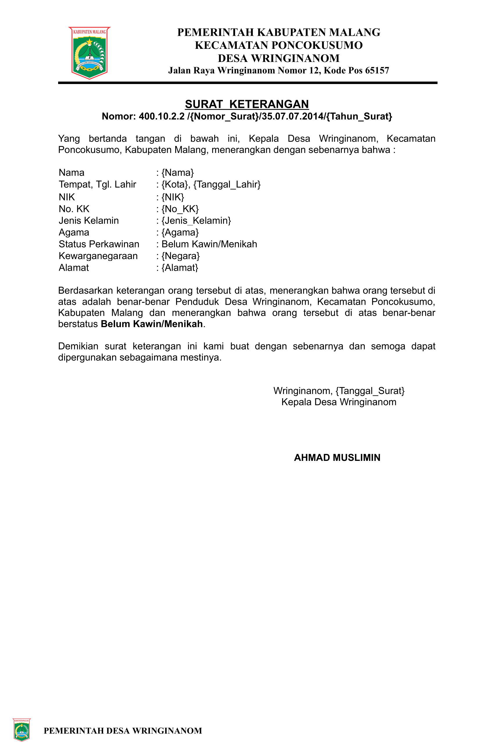 Preview untuk Surat Keterangan Belum Nikah