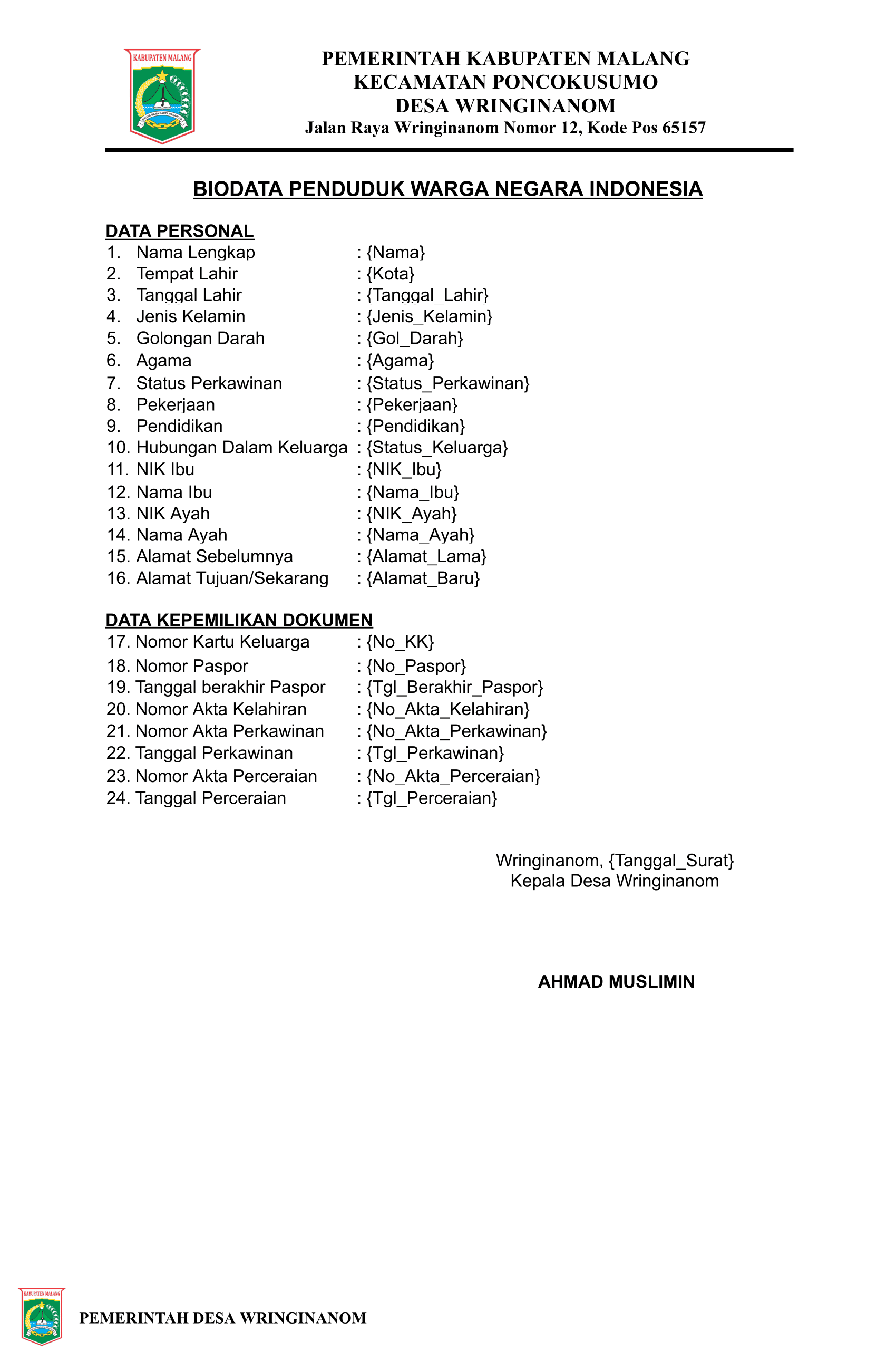 Preview untuk Surat Keterangan Biodata Penduduk