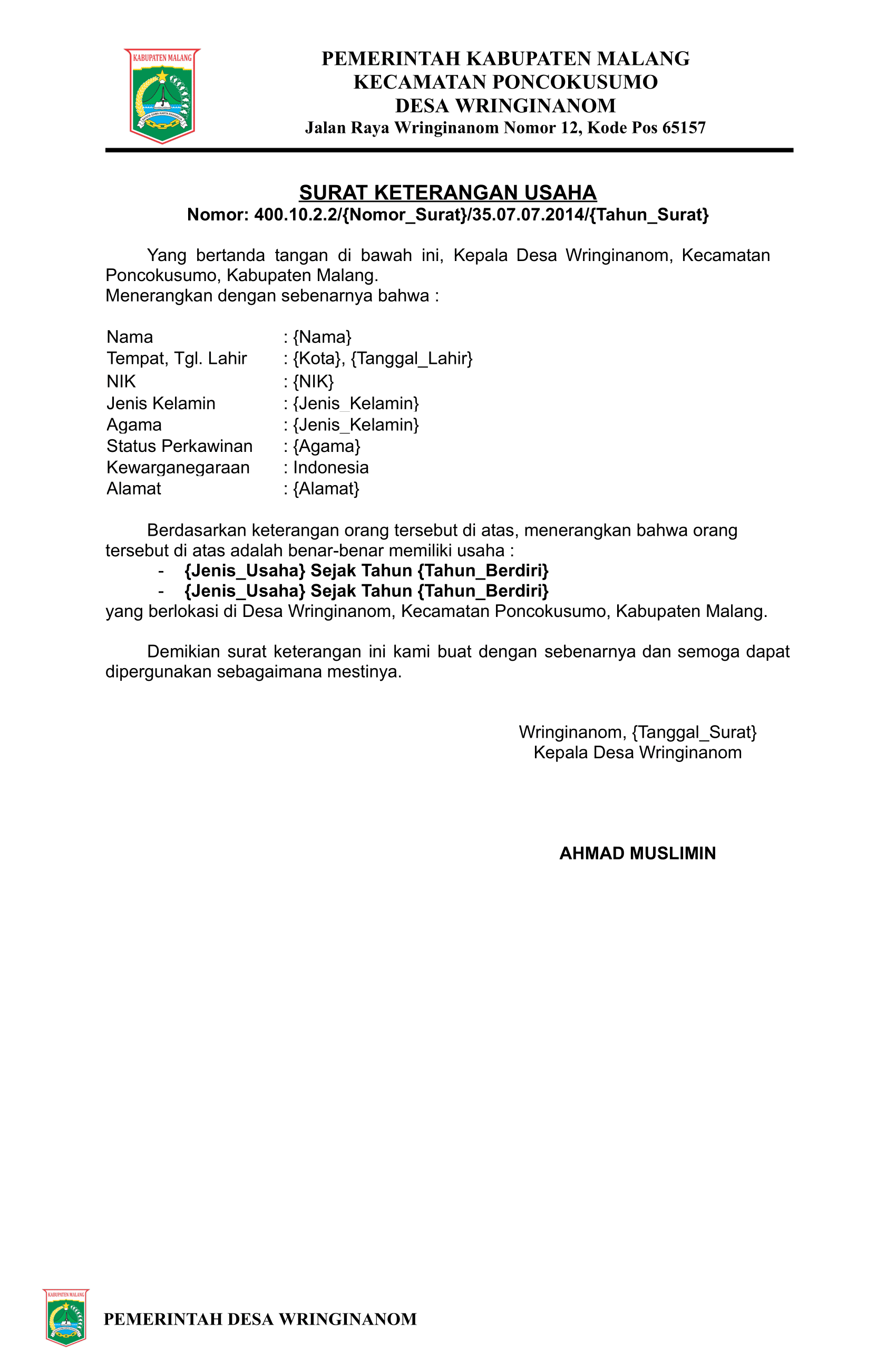 Preview untuk Surat Keterangan Usaha