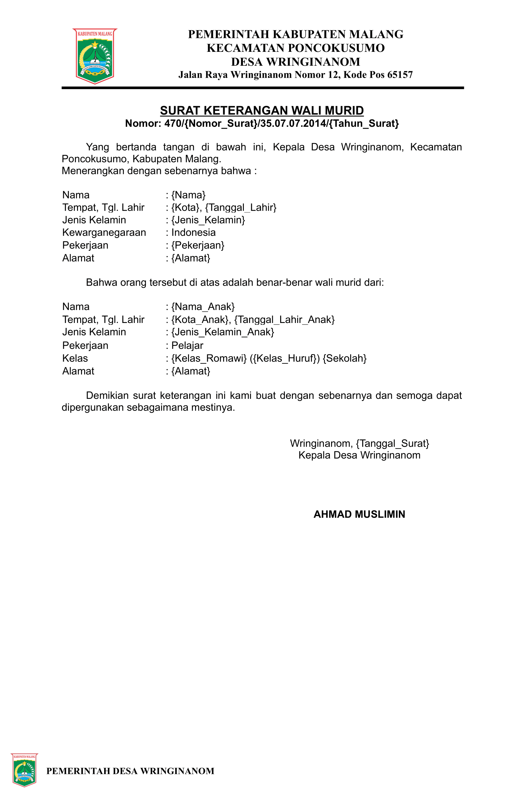 Preview untuk Surat Keterangan Wali Murid