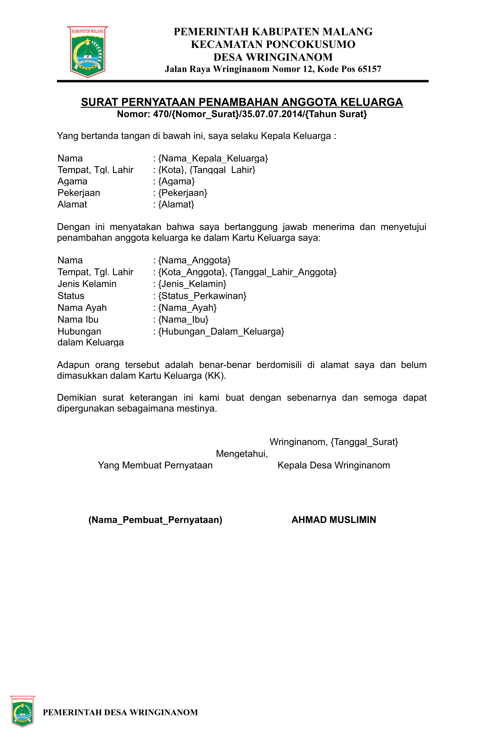 Preview untuk Surat Penambahan Anggota Keluarga